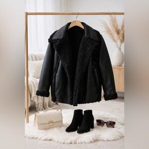H&M Black Faux Leather Shearling Reversible Jacket - Women's Cozy Coat like new!
